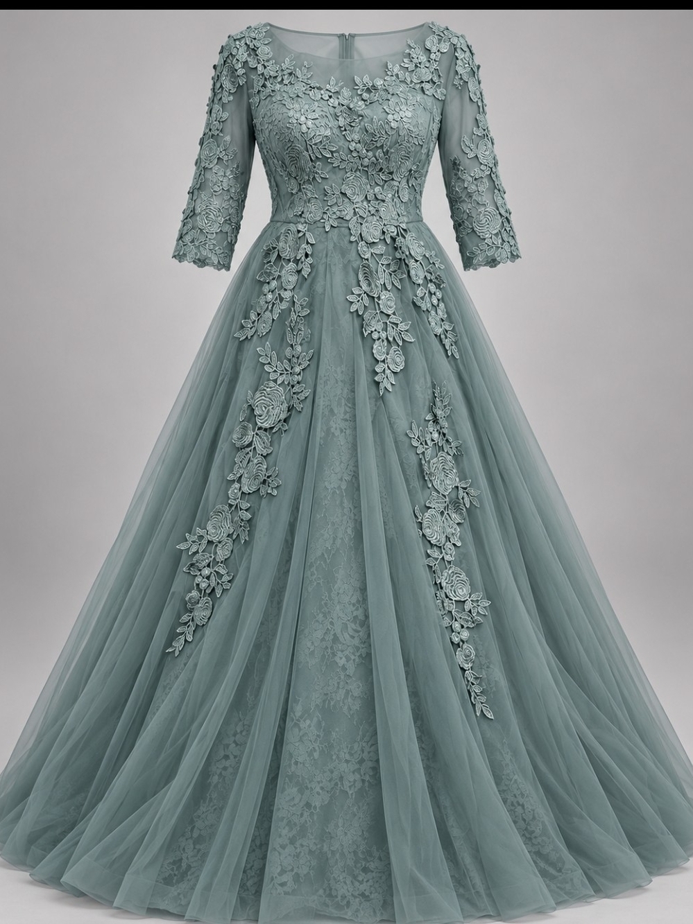 Elegant Sage Lace Appliqué Evening Dress